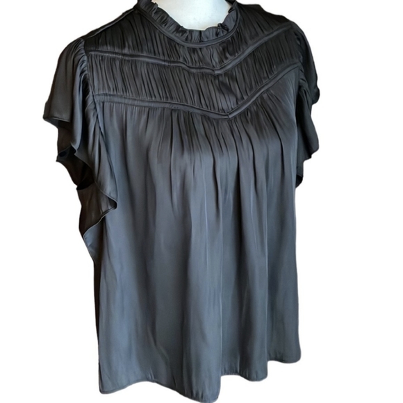 Joie Women Black Flutter Sleeve Ruffle Neck Pleated Pintuck Top Blouse XS EUC - Picture 2 of 3